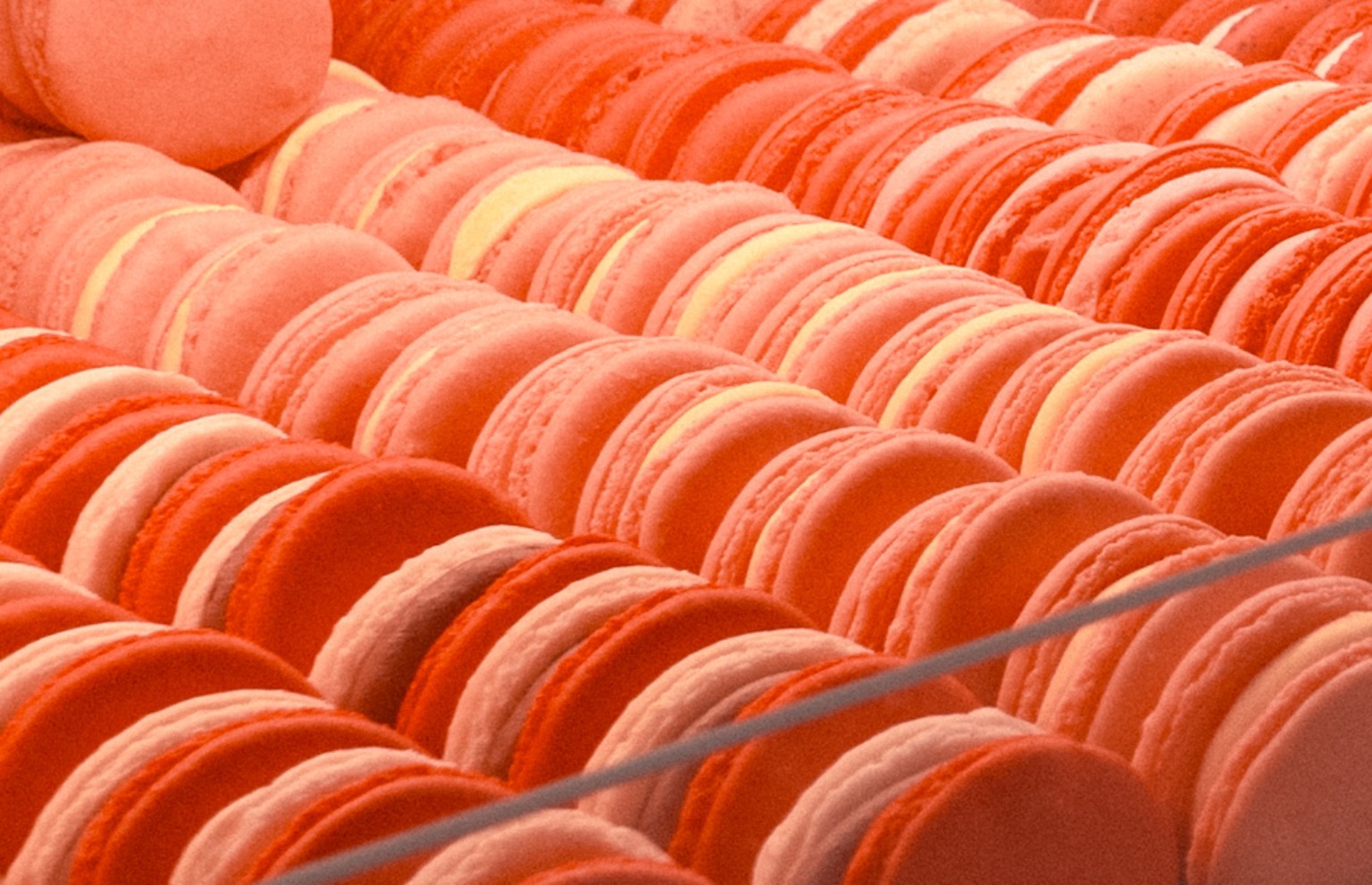 Rijen rode en roze macarons in warm licht